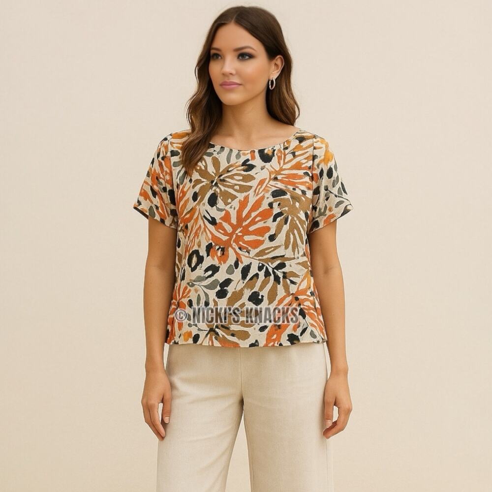 Tahari Linen Leaf Print Top Short Sleeve Rolled Cuff Boxy Vacation Shirt Size S